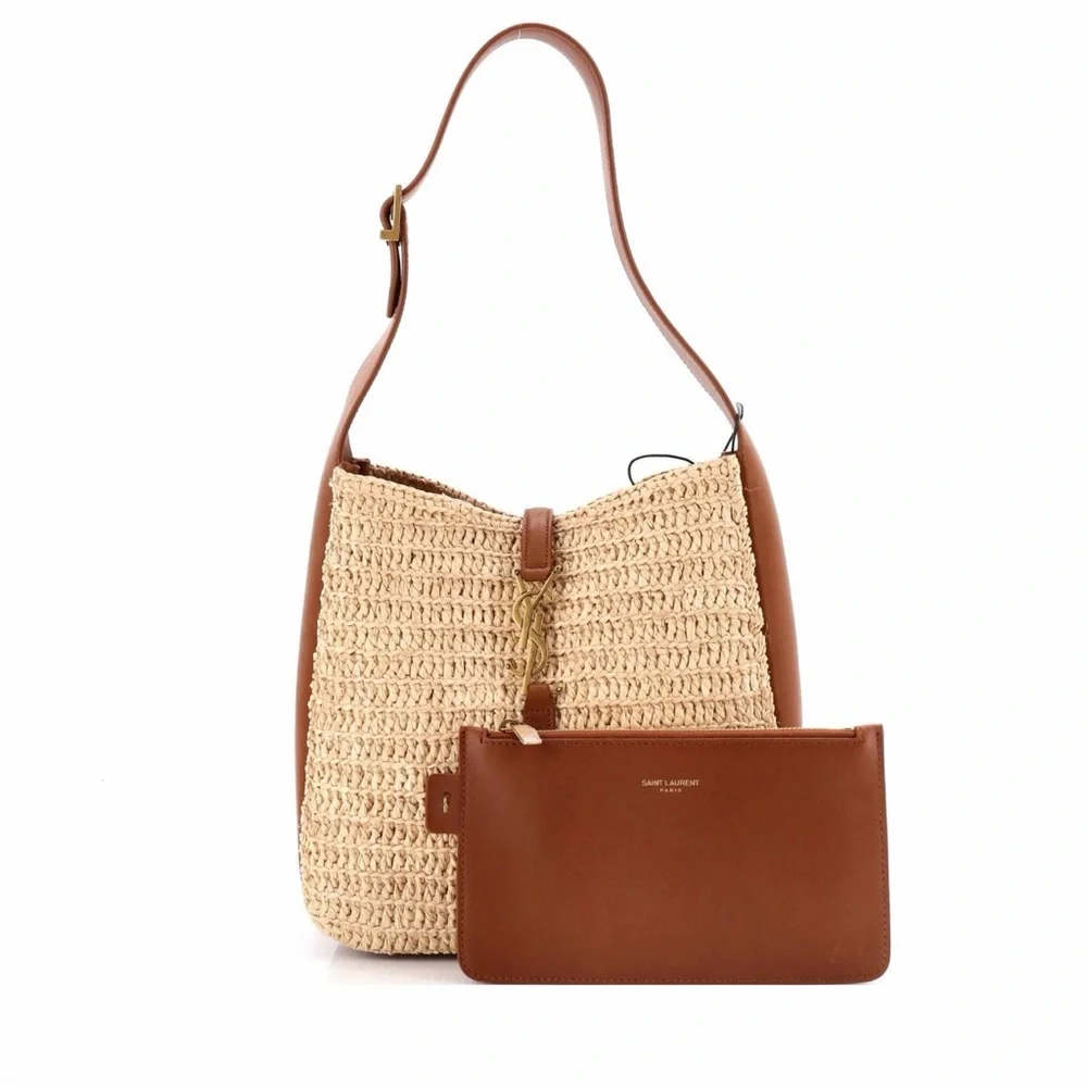 YSL Saint Laurent Le 5 a 7 Supple Small Hobo Raffia and Leather Shoulder Handbag - Picture 3 of 12